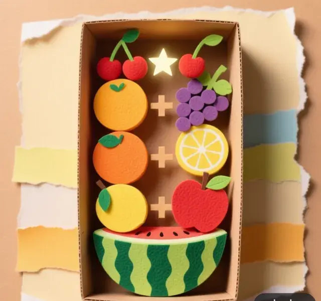 Paper-cutout fruits stacked in a cardboard box showing a merge chain