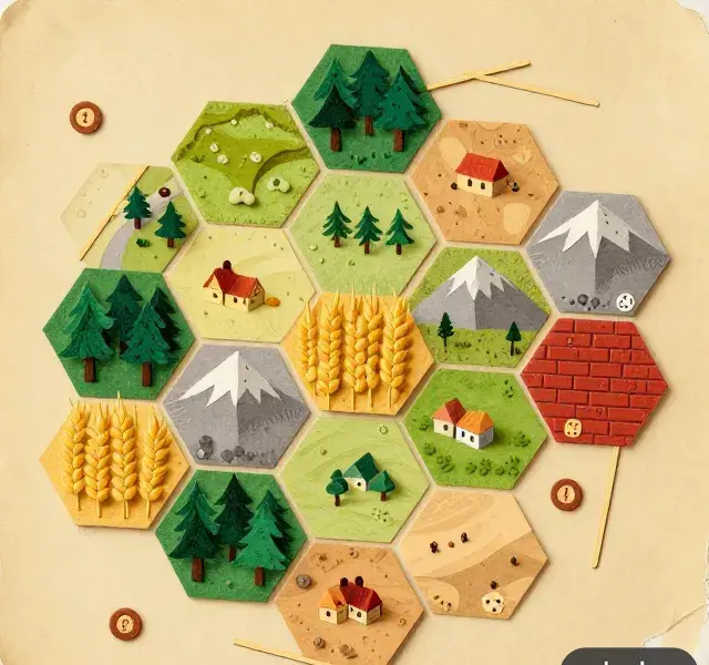 Paper-cutout style hex board with terrain tiles, tiny houses, and roads
